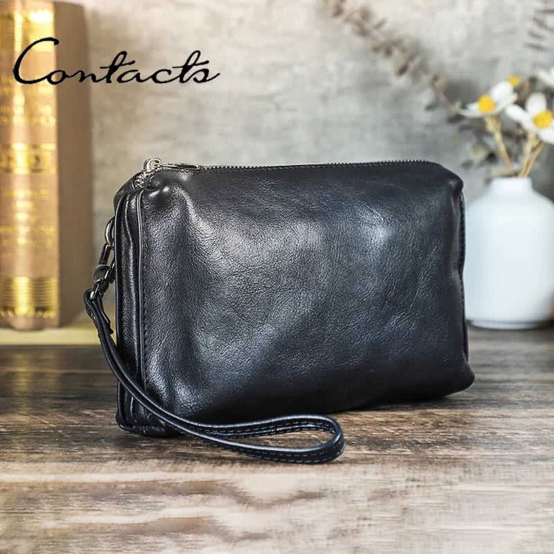 Echtleder-Handtasche für Herren, schwarze Umhängetasche mit Reißverschluss und Trageschlaufe