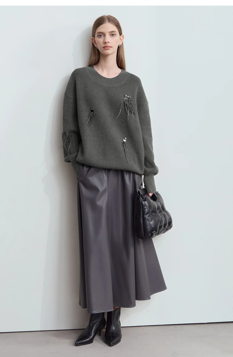 Damen-Rundhalspullover Perlen Strassapplikation locker Winter