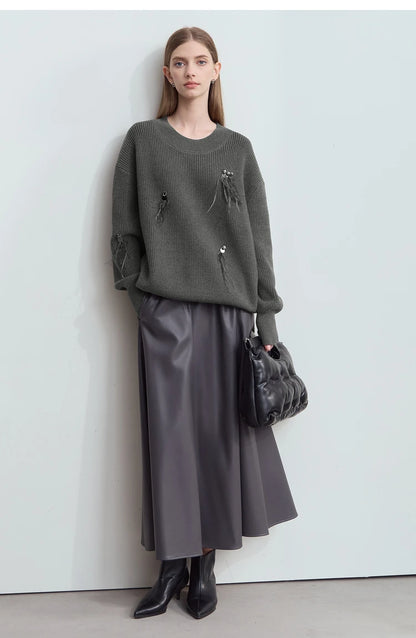 Damen-Rundhalspullover Perlen Strassapplikation locker Winter