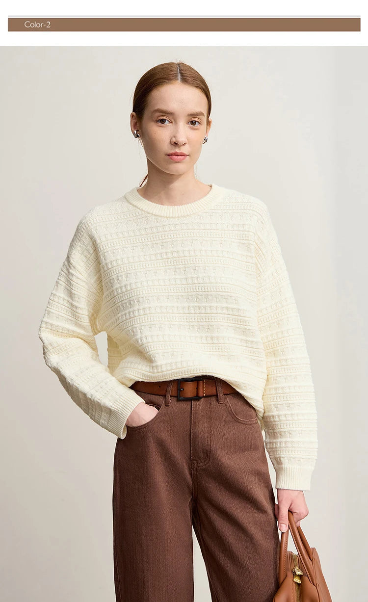 Damen-Pullover Cremeweiß mit Rundhalsausschnitt, feines Strickmuster, lange Ärmel