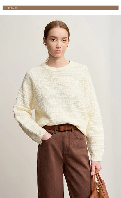 Damen-Pullover Cremeweiß mit Rundhalsausschnitt, feines Strickmuster, lange Ärmel