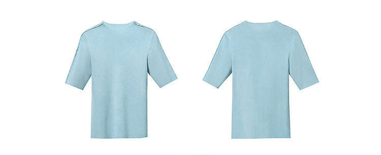 AMII Damenpullover in Glacier Blue, Kurzarm, Rundhalsausschnitt, feines Strickbild
