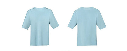 AMII Damenpullover in Glacier Blue, Kurzarm, Rundhalsausschnitt, feines Strickbild