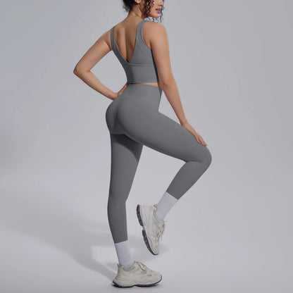 Damen-Yoga-Set, grau: Top mit V-Rücken und Leggings mit Knie-Bund