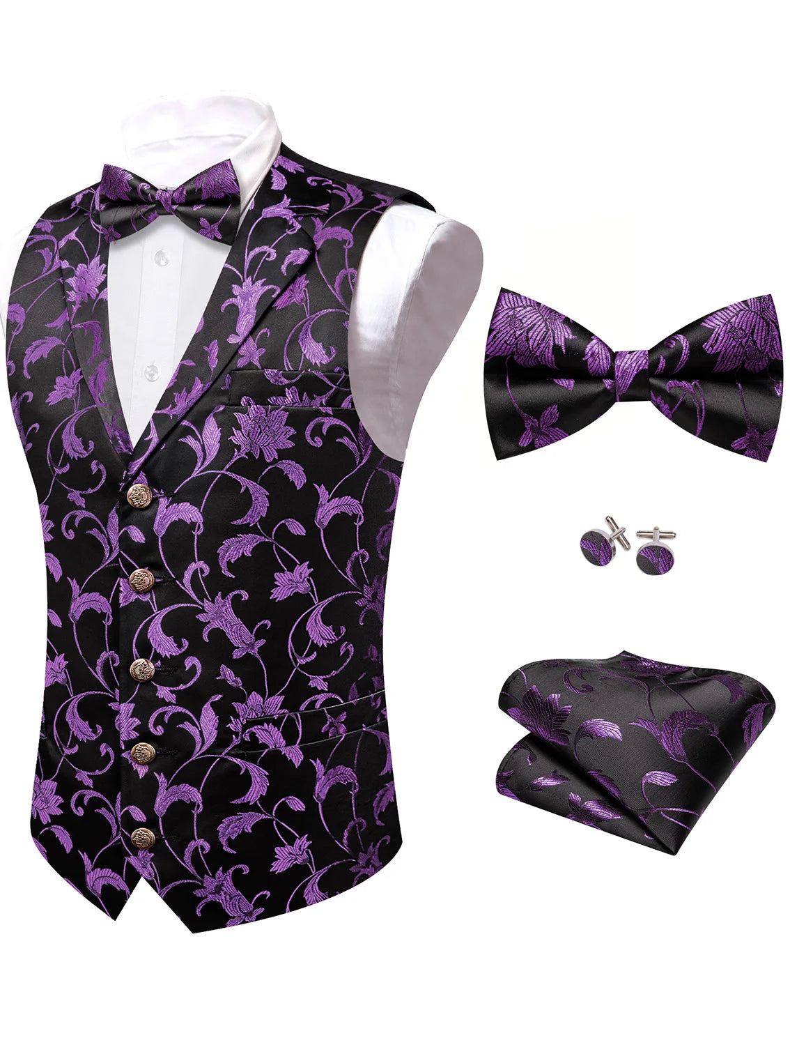 Schwarzes Weste-Set mit violettem Ornamentmuster, Fliege, Einstecktuch und Manschettenknöpfen