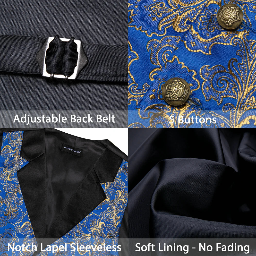 Schwarze Herrenweste mit verstellbarem Rückengurt und blauem Jacquard-Innenfutter