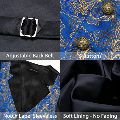 Schwarze Herrenweste mit verstellbarem Rückengurt und blauem Jacquard-Innenfutter