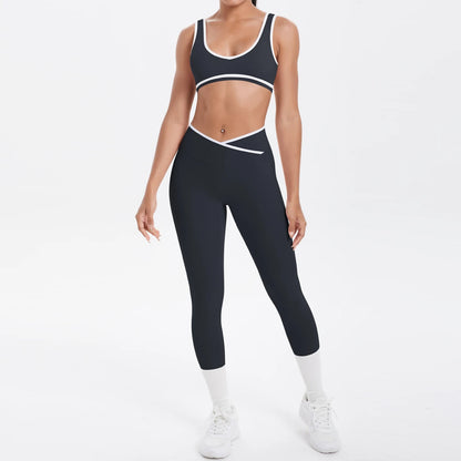 Schwarzes Damen-Yoga-Set mit Push-up-BH und 3/4-Leggings, weißes Zierband