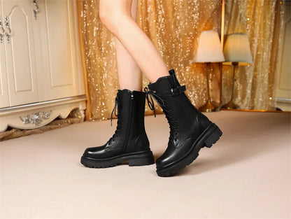 AIYUQI Women Boots Large Size Genuine Leather Thick Wool Warm Winter Biker Boots Women British Style Women Snow Boots