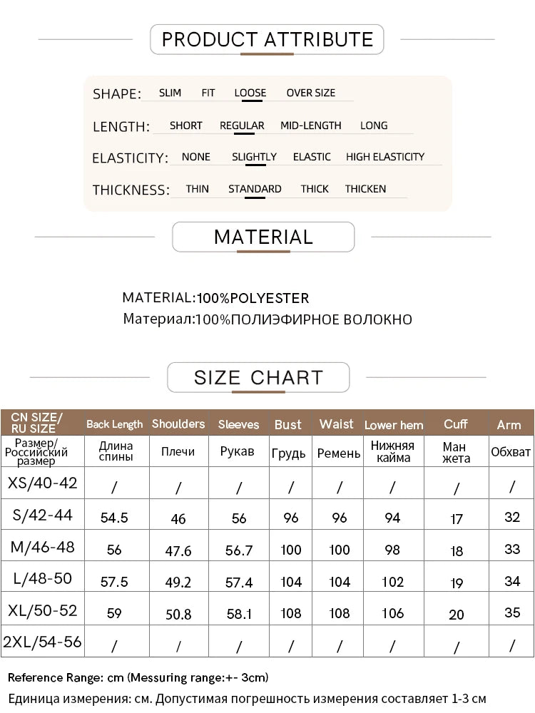 Amii Attributseite: Material 100% Polyester und Größenübersicht für den Strickpullover