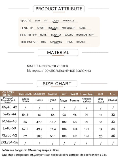 Amii Attributseite: Material 100% Polyester und Größenübersicht für den Strickpullover