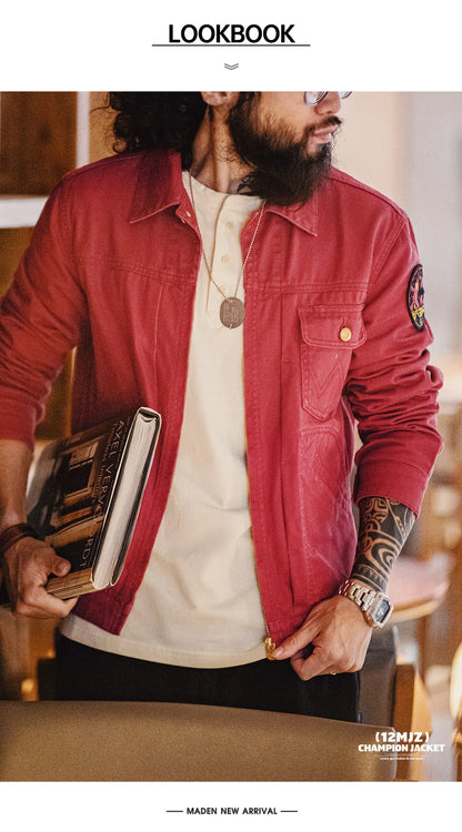 Herren Jacke Bestickte Slim-Fit Canvas Revers Mantel Zip-Up Casual