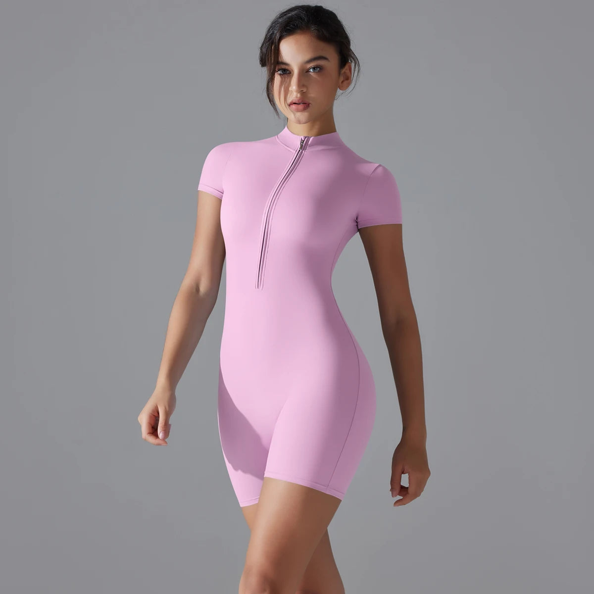 Damen-Yoga-Bodysuit, kurzarm, Halber Reißverschluss, einfarbig, hellrosa