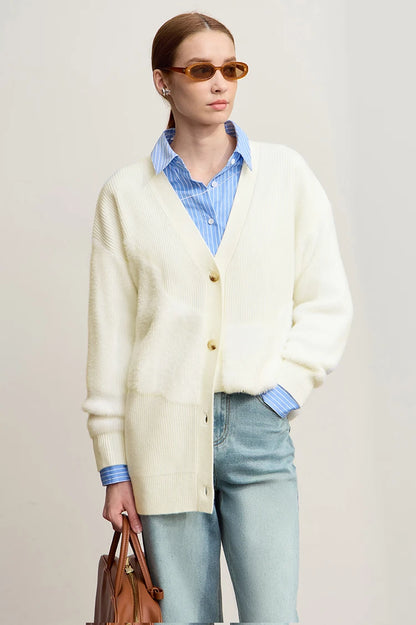 Damen-Strickjacke V-Ausschnitt dick warm locker elastisch Winter