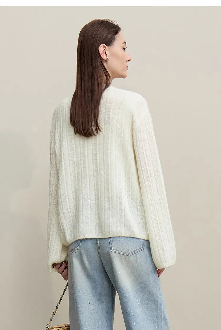 Damen-Strickjacke Rundhals Wolle locker überschnittene Schulter einreihig Frühling