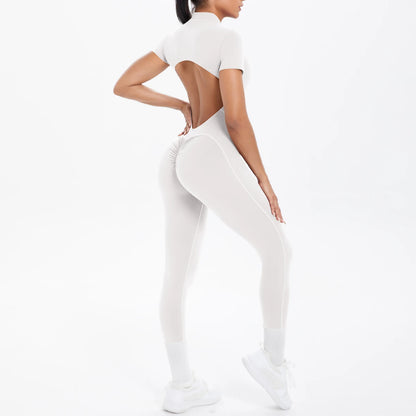 Rückenfreier Damen-Body mit kurzem Ärmel, hellgrau, sportlicher Schnitt