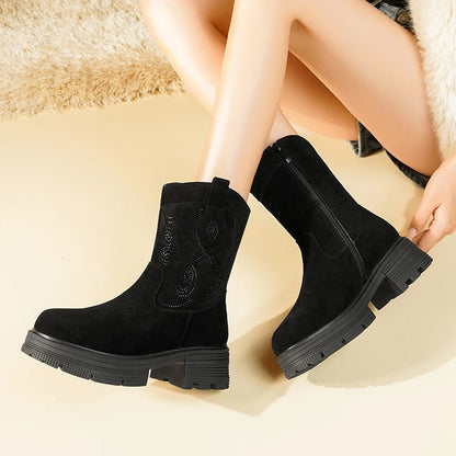 AIYUQI Western Cowboy Boots Women 2025 New Genuine Leather Winter Shoes Boots Women Short Tube Fashion Women's Snow Boots
