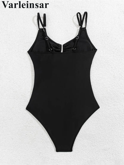 Damen Badeanzug U-Ausschnitt gerüscht hoher Beinausschnitt Monokini gepolstert