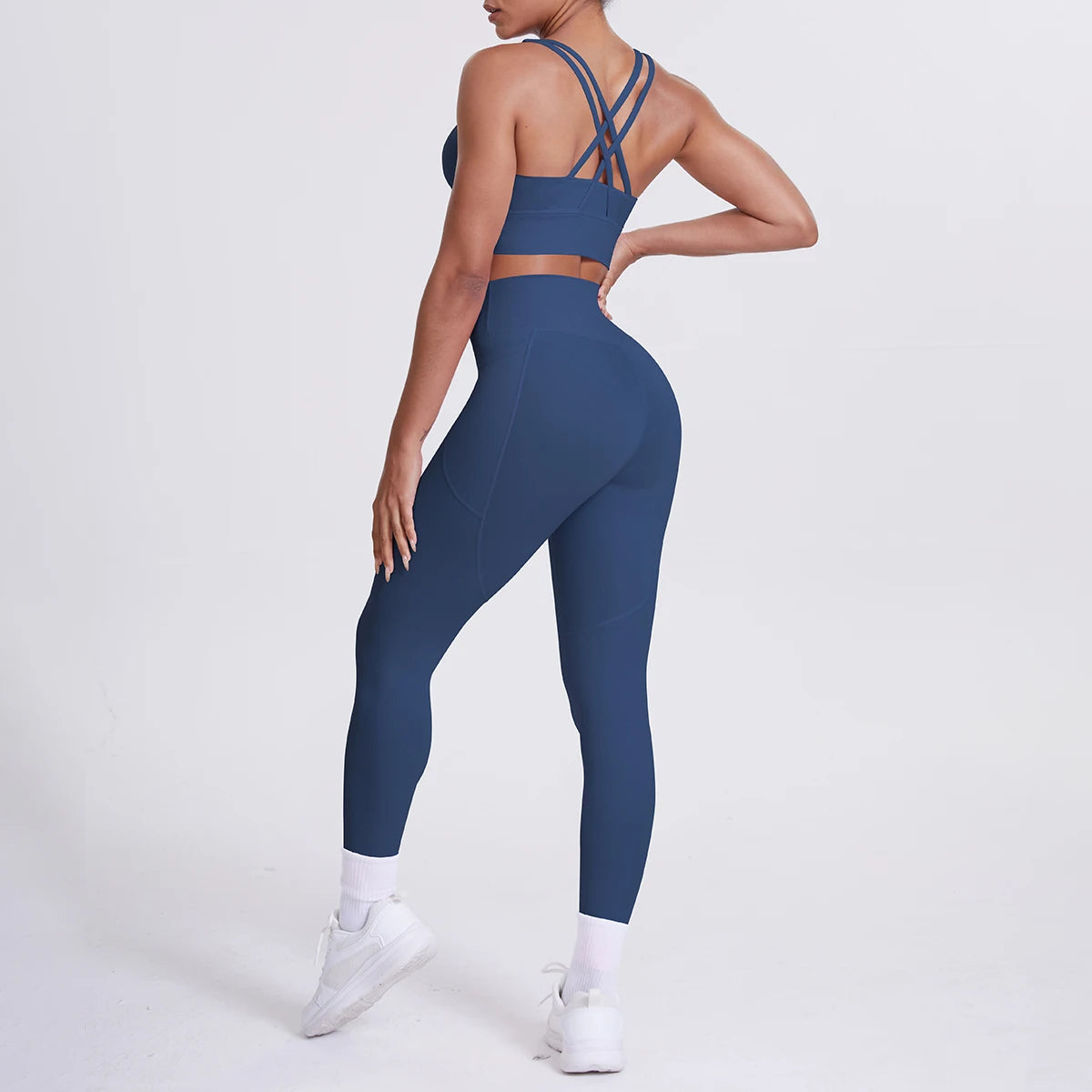 Yoga-Set mit Sporttop und Leggings, dunkelblau, gekreuzte Träger, hoher Bund