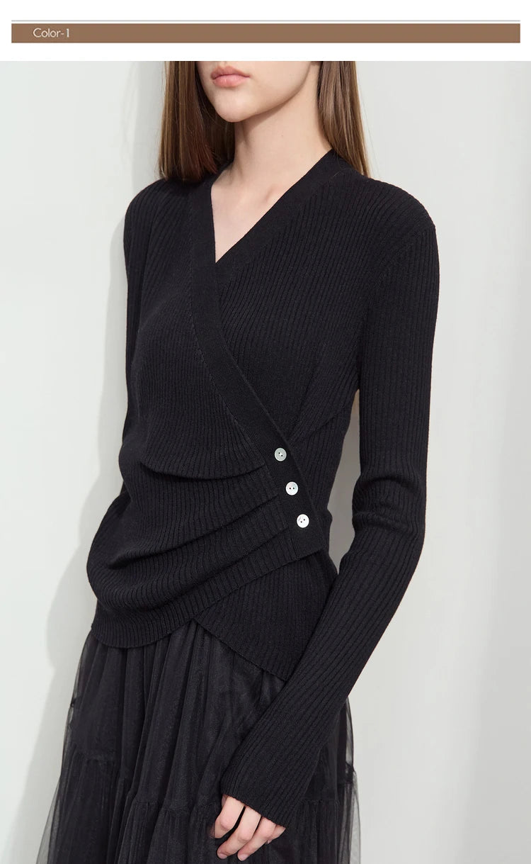 Damen V-Ausschnitt Pullover plissiert Muschelschnalle Wolle Herbst