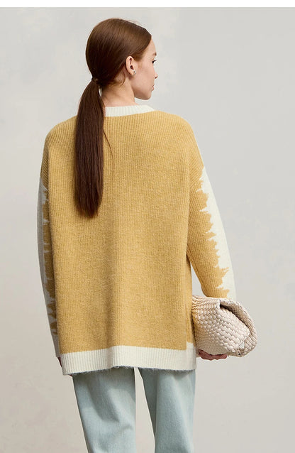 Damen V-Ausschnitt Cardigan lang Patchwork Wolle-Mix Winter