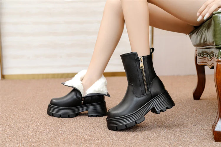 AIYUQI Stiefeletten mit Plateau, dicke Sohle, seitlichem Reißverschluss, schwarzem Leder