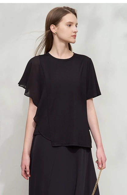 Damen Sommer-T-Shirt mit kurzen Schmetterlingsärmeln und Rundhalsausschnitt