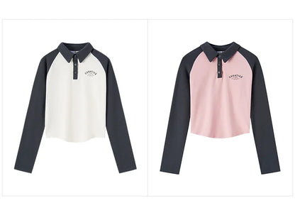 Semir Poloshirt für Damen, kurzer Stil, schmal, farbblockiert, Raglanärmel, 2024, Frühjahr, neues Oberteil mit Buchstabendruck