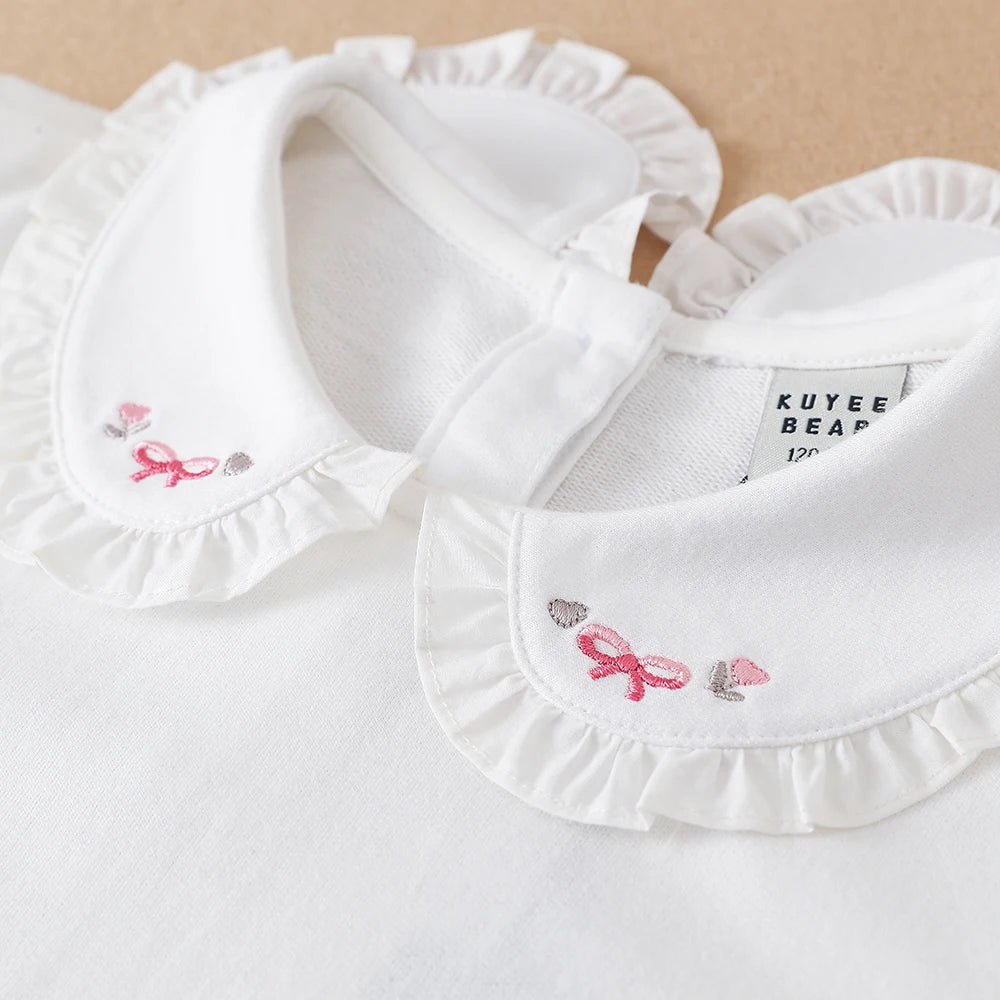 Mädchen bestickter Puppen kragen dünnes Basic-T-Shirt für Frühling und Herbst Kinder Polo Baumwolle Kleidung