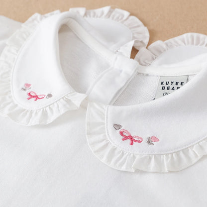 Mädchen bestickter Puppen kragen dünnes Basic-T-Shirt für Frühling und Herbst Kinder Polo Baumwolle Kleidung