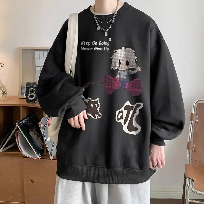 Japanischer Vintage-Pullover mit Fleece, Rundhalsausschnitt und Print – Lässiger Langarm-Hoodie für Herren im Winter.