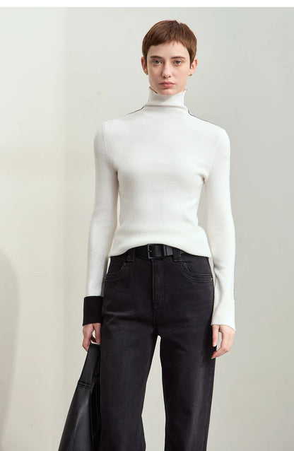 Damen-Rollkragenpullover Farbkontrast Slim Fit Langarm Frühling