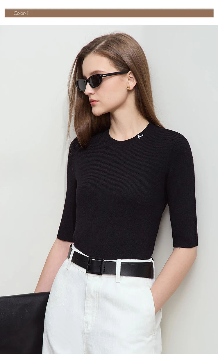 Schwarzer Damen-Strickpullover mit Rundhalsausschnitt, mittleren Ärmeln, schmaler Passform