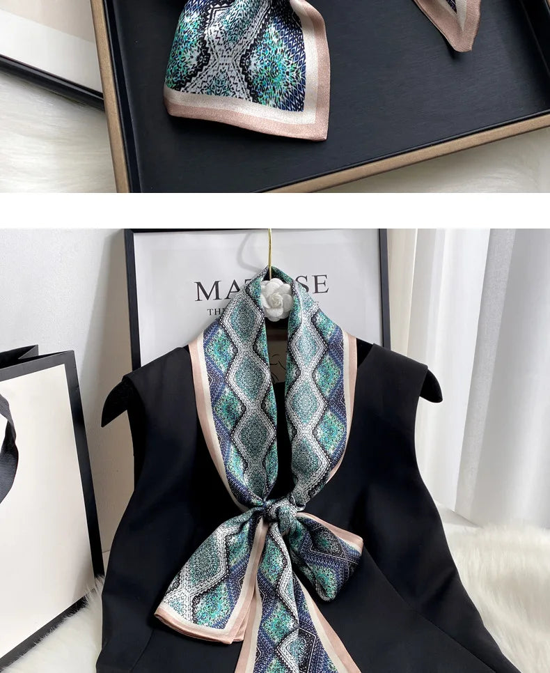 Damen Seidenschal dünn Taschenband Foulard Haarband Stirnband bedruckt F
