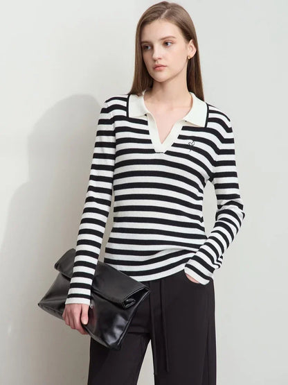 Damen V-Ausschnitt Pullover Streifen Stickerei Polo Kontrastfarben Herbst