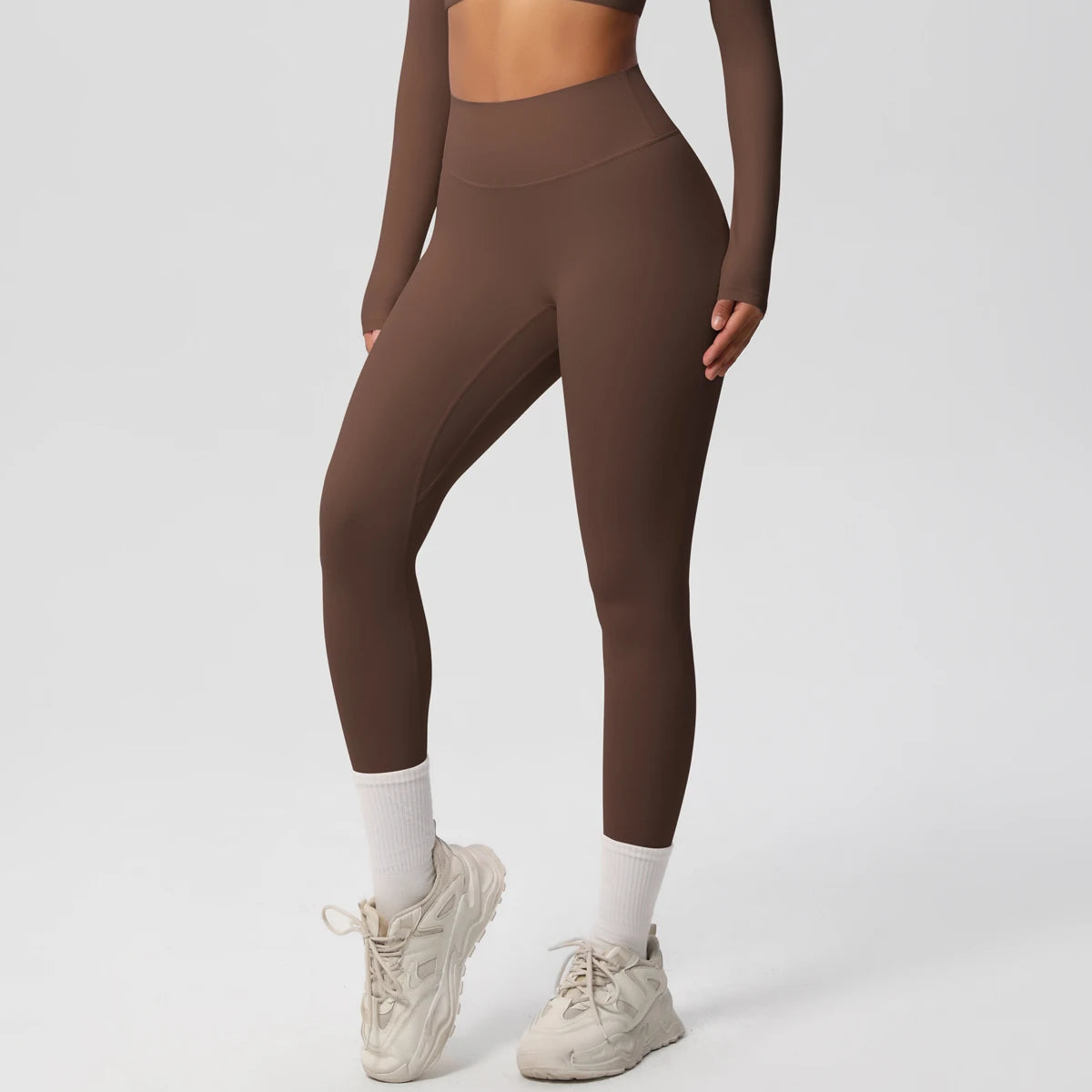 Damen-Yoga-Leggings in Dunkelbraun mit hoher Taille und schmalem Bein bis zum Knöchel