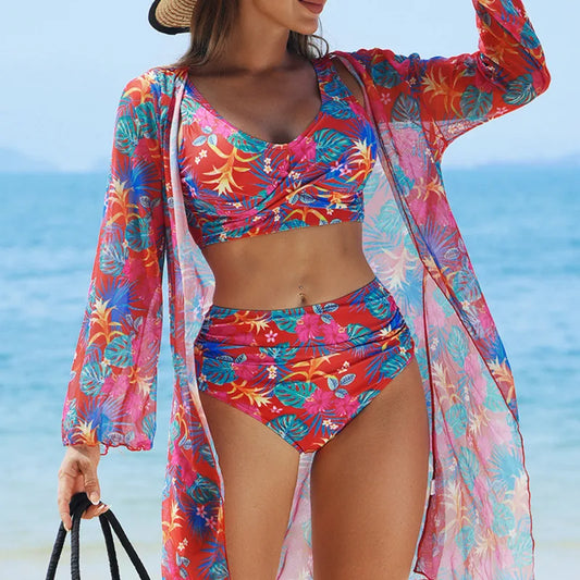 Damen-Bikini-Set mit hohem Bund und Print – dreiteiliges Badeanzug-Set für Strand und Pool