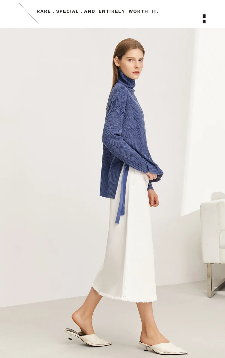 Damen-Rollkragenpullover locker Schnürung Herbst-Winter
