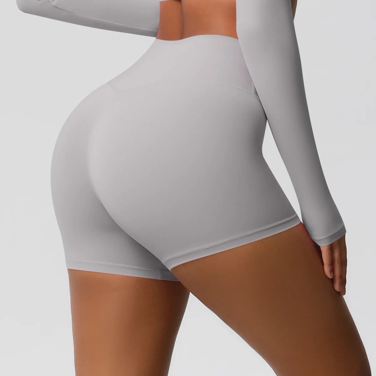 Damen-Sportshorts mit hoher Taille, hellgrau, eng anliegend