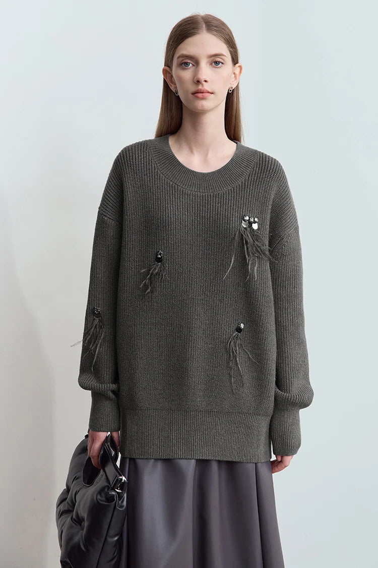 Damen-Rundhalspullover Perlen Strassapplikation locker Winter