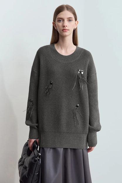 Damen-Rundhalspullover Perlen Strassapplikation locker Winter