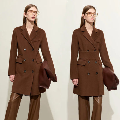 Damen mittellange Jacke aus modischer Wolle mit Gürtel und Reversmänteln