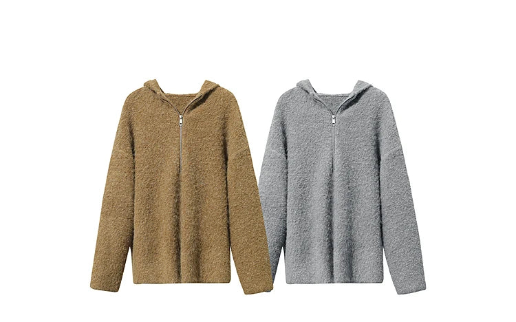 Damen-Kapuzenpullover Wolle Reißverschluss locker dick warm Winter