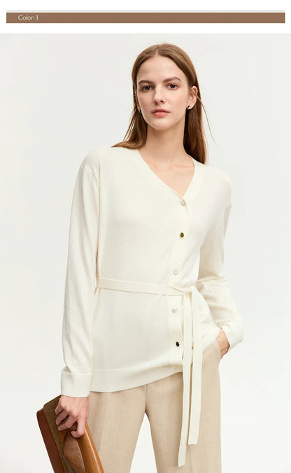 Damen-Strickjacke V-Ausschnitt chinesischer Stil Gürtel Langarm Herbst