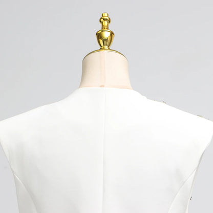 Elegantes Damenkleid mit Rundhalsausschnitt, langen Ärmeln und Perlen-Patchwork-Design – figurbetont und stilvoll.