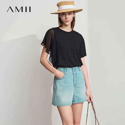 Damen Sommer-T-Shirt mit kurzen Schmetterlingsärmeln und Rundhalsausschnitt