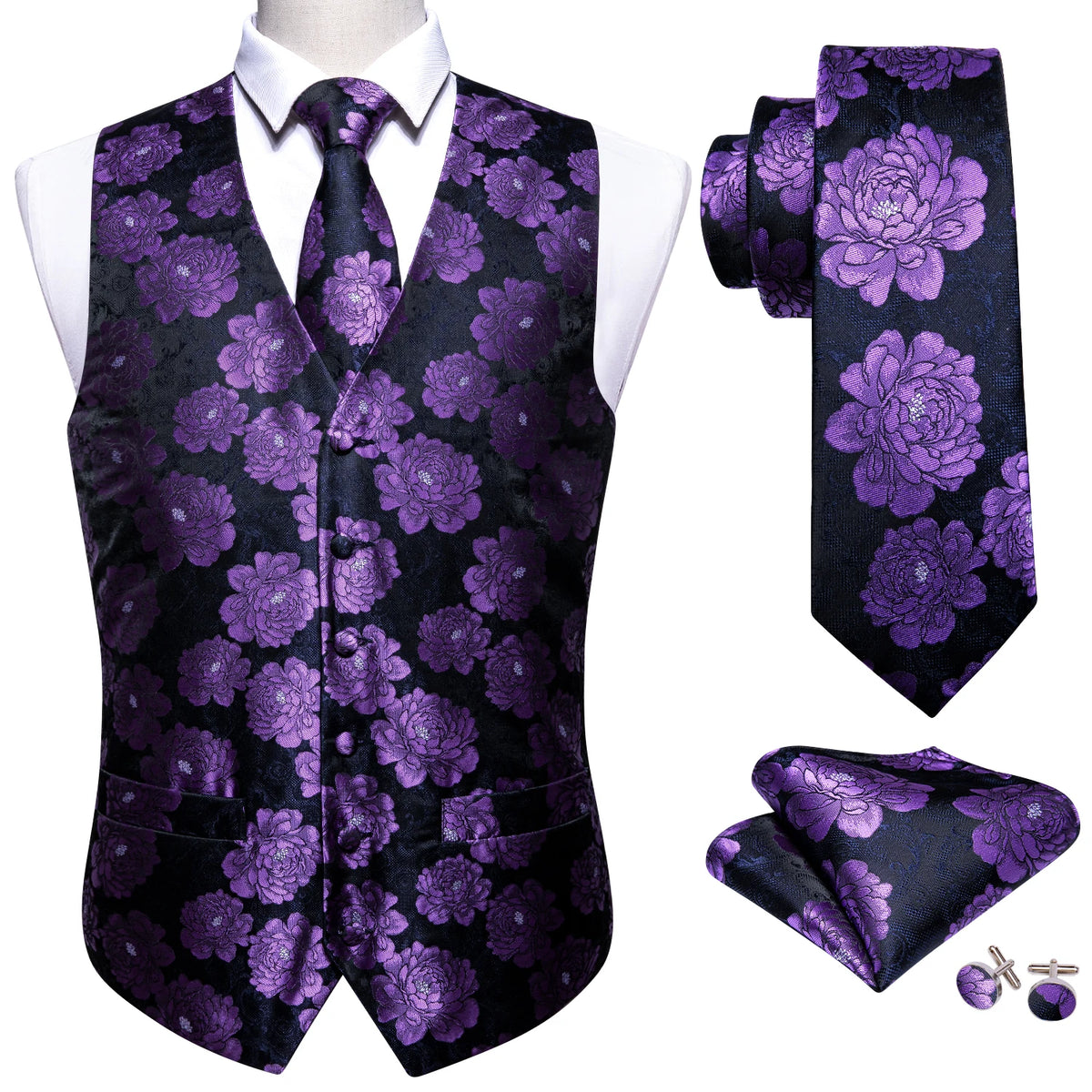 Seidenweste-Set für Herren: schwarze Weste mit violettem Blumenmuster, inkl. Krawatte & Einstecktuch.