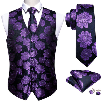 Seidenweste-Set für Herren: schwarze Weste mit violettem Blumenmuster, inkl. Krawatte & Einstecktuch.