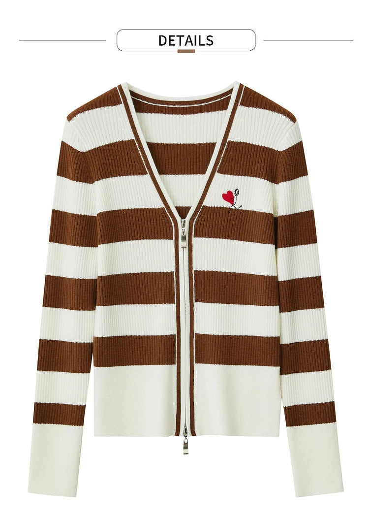 Damen-Strickjacke Kaschmir-Wolle Slim Streifen Reißverschluss Herbst