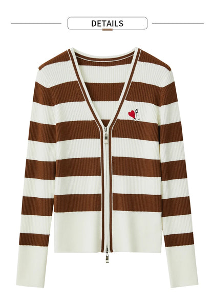 Damen-Strickjacke Kaschmir-Wolle Slim Streifen Reißverschluss Herbst